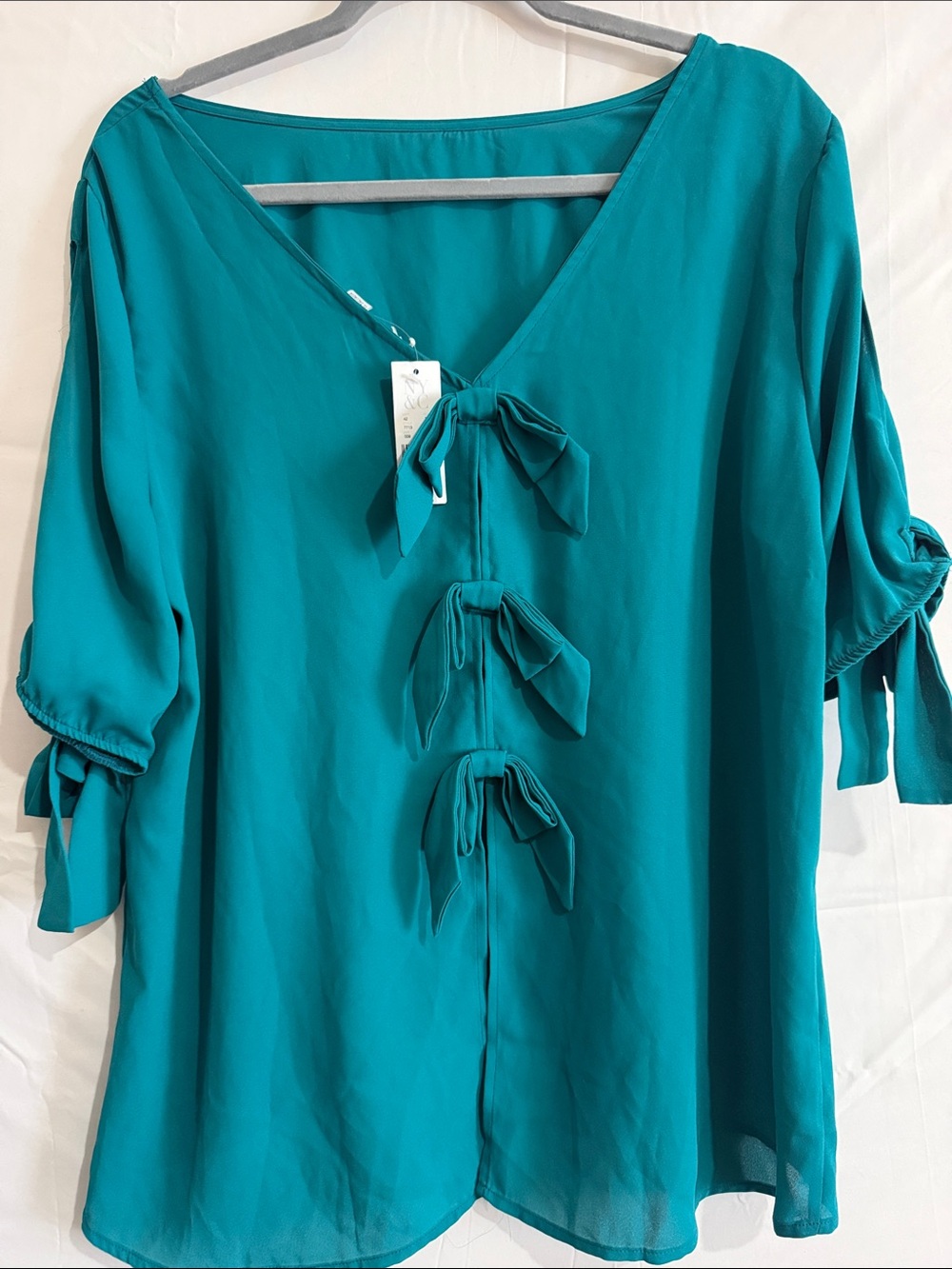 New York & Company Teal Bow-Front Women’s Blouse